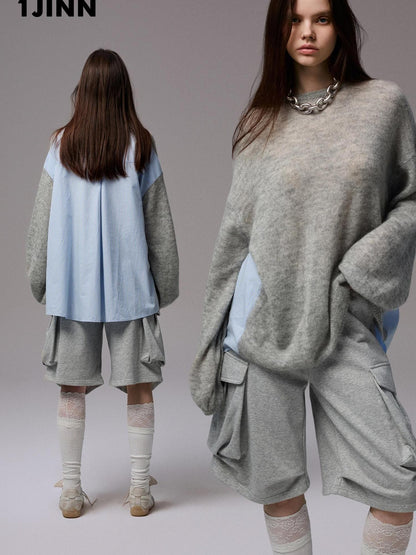 1JINN STUDIO Striped Patchwork Drop Shoulder Loose Knit Women&