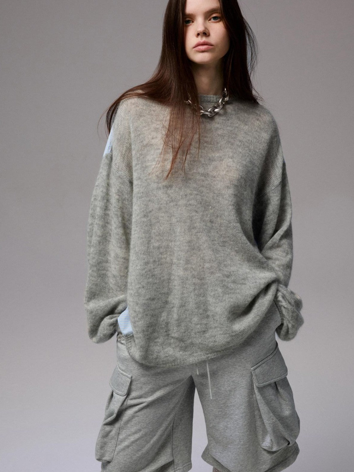 1JINN STUDIO Striped Patchwork Drop Shoulder Loose Knit Women&