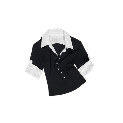 1JINN_STUDIO_Striped_Patchwork_Faux_Polo_Collar_Women&