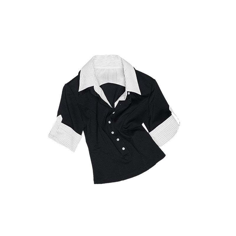1JINN_STUDIO_Striped_Patchwork_Faux_Polo_Collar_Women&