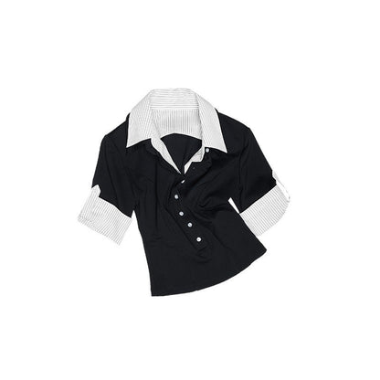 1JINN_STUDIO_Striped_Patchwork_Faux_Polo_Collar_Women&