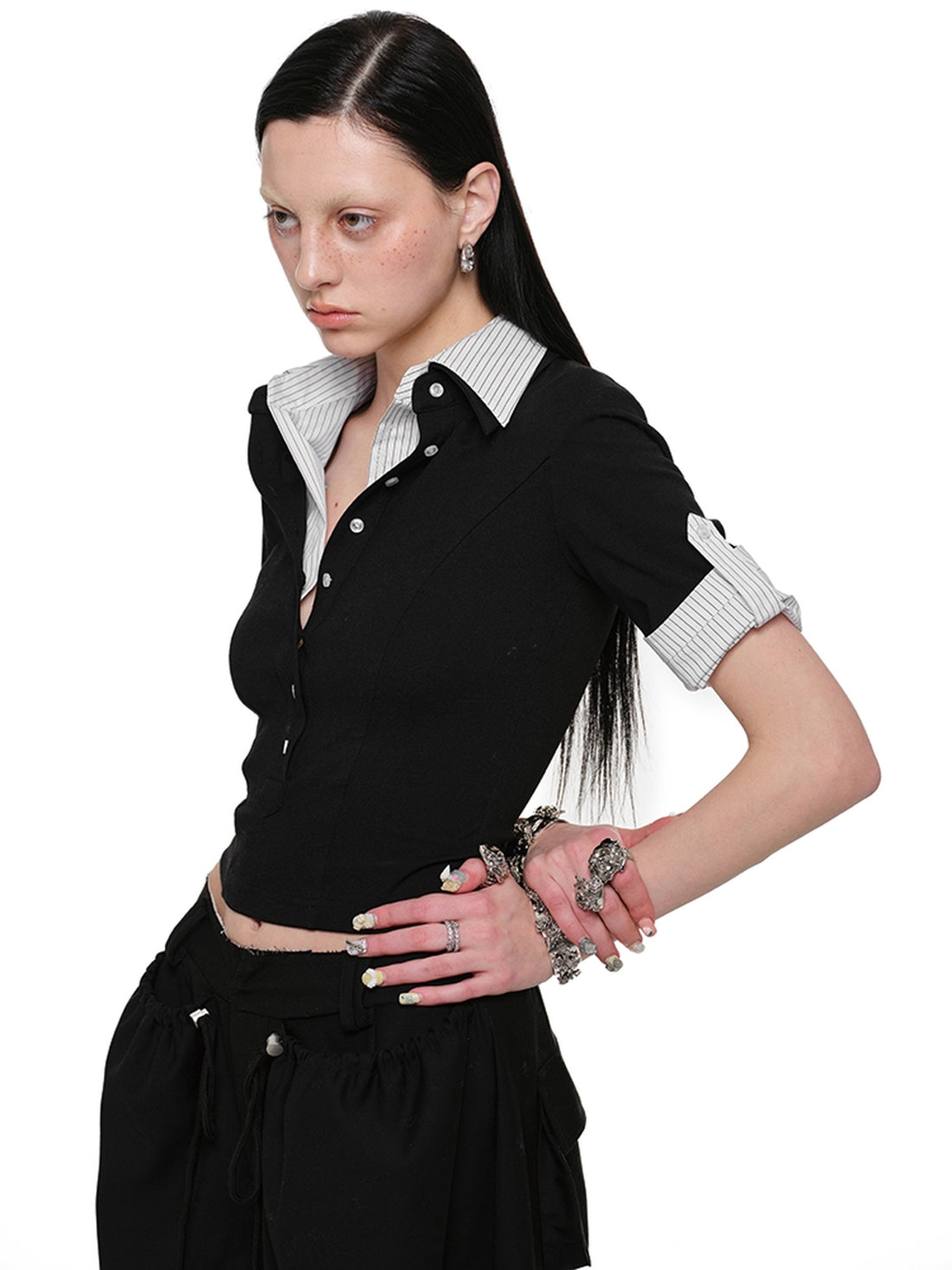 1JINN STUDIO Striped Patchwork Faux Polo Collar Women&
