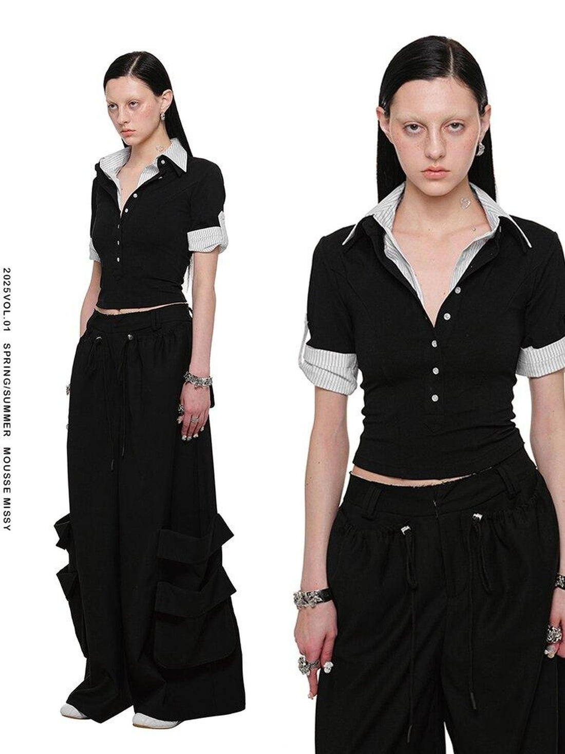 1JINN STUDIO Striped Patchwork Faux Polo Collar Women&