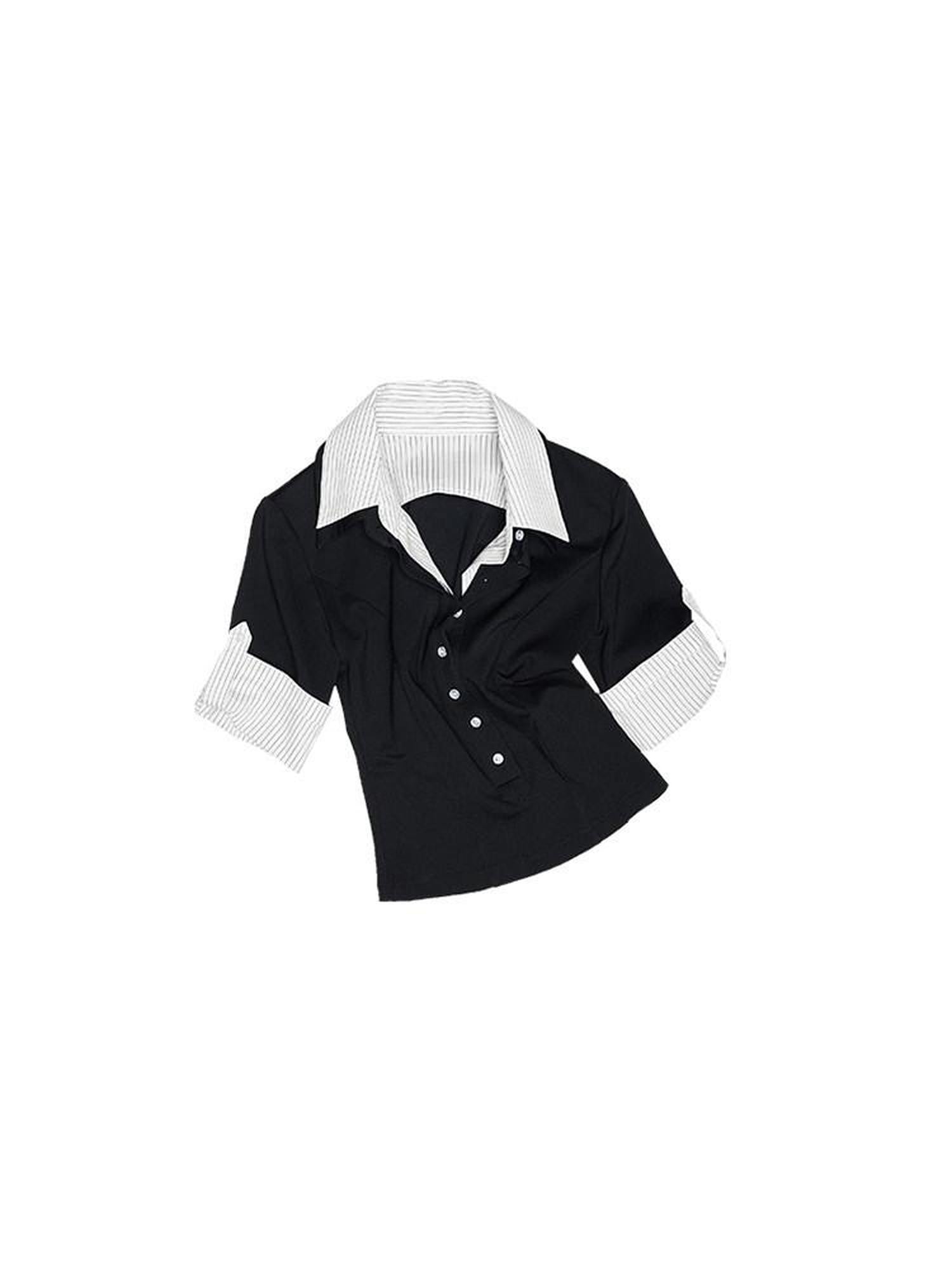 1JINN STUDIO Striped Patchwork Faux Polo Collar Women&