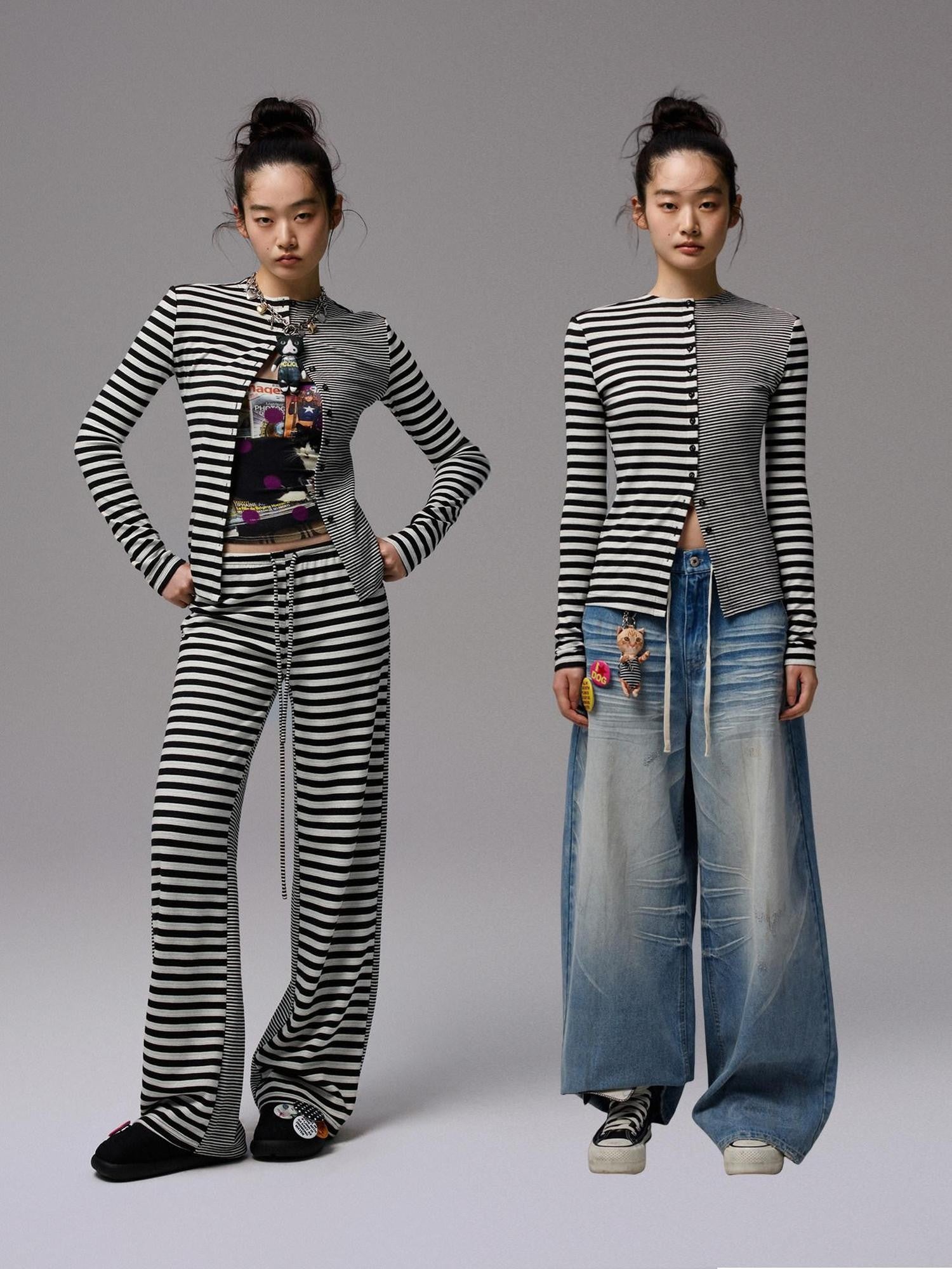1JINN STUDIO Striped Patchwork Racerback Cardigan Straight Leg Women&