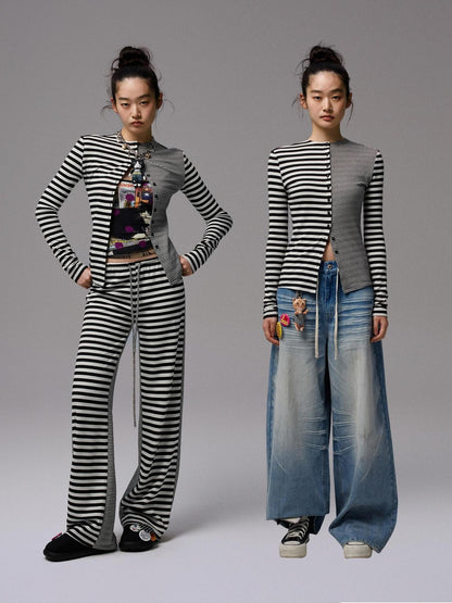 1JINN STUDIO Striped Patchwork Racerback Cardigan Straight Leg Women&