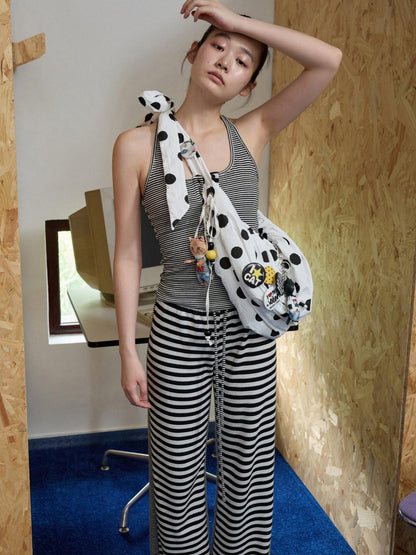 1JINN STUDIO Striped Patchwork Racerback Cardigan Straight Leg Women&