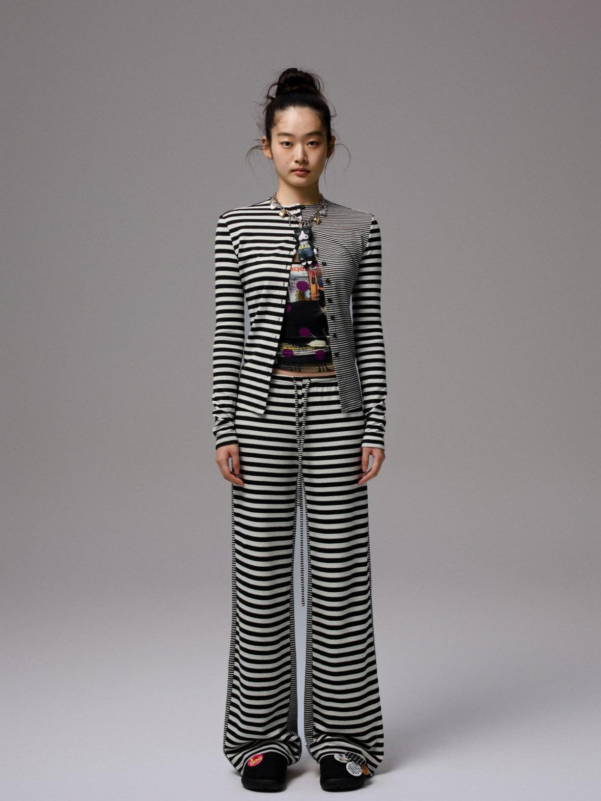 1JINN STUDIO Striped Patchwork Racerback Cardigan Straight Leg Women&