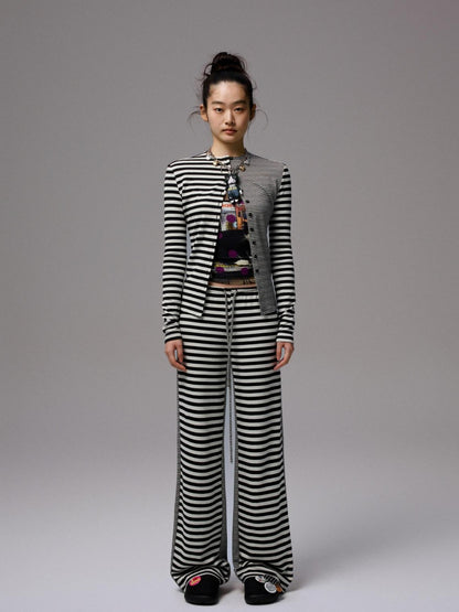 1JINN STUDIO Striped Patchwork Racerback Cardigan Straight Leg Women&