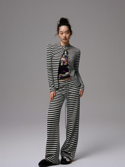 1JINN STUDIO Striped Patchwork Racerback Cardigan Straight Leg Women&