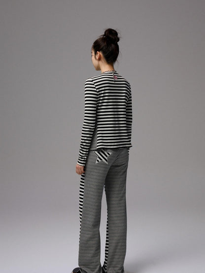1JINN STUDIO Striped Patchwork Racerback Cardigan Straight Leg Women&