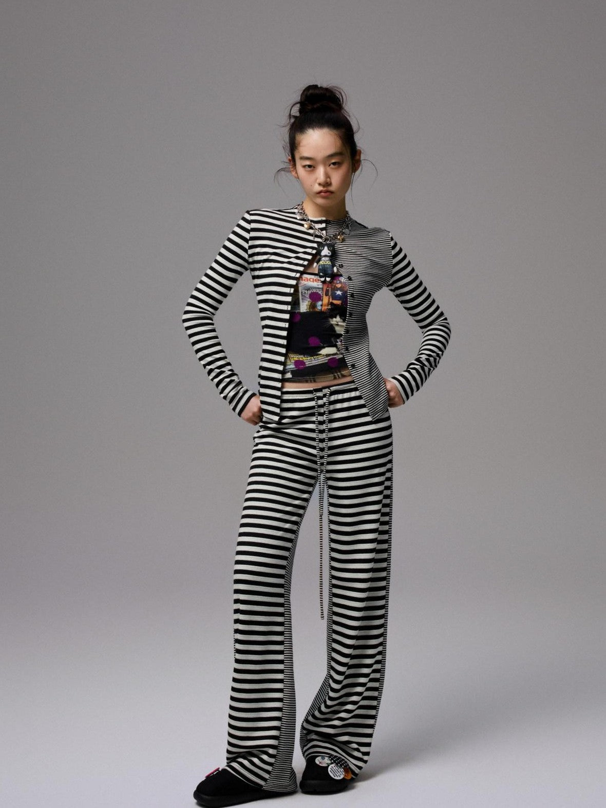 1JINN STUDIO Striped Patchwork Racerback Cardigan Straight Leg Women&