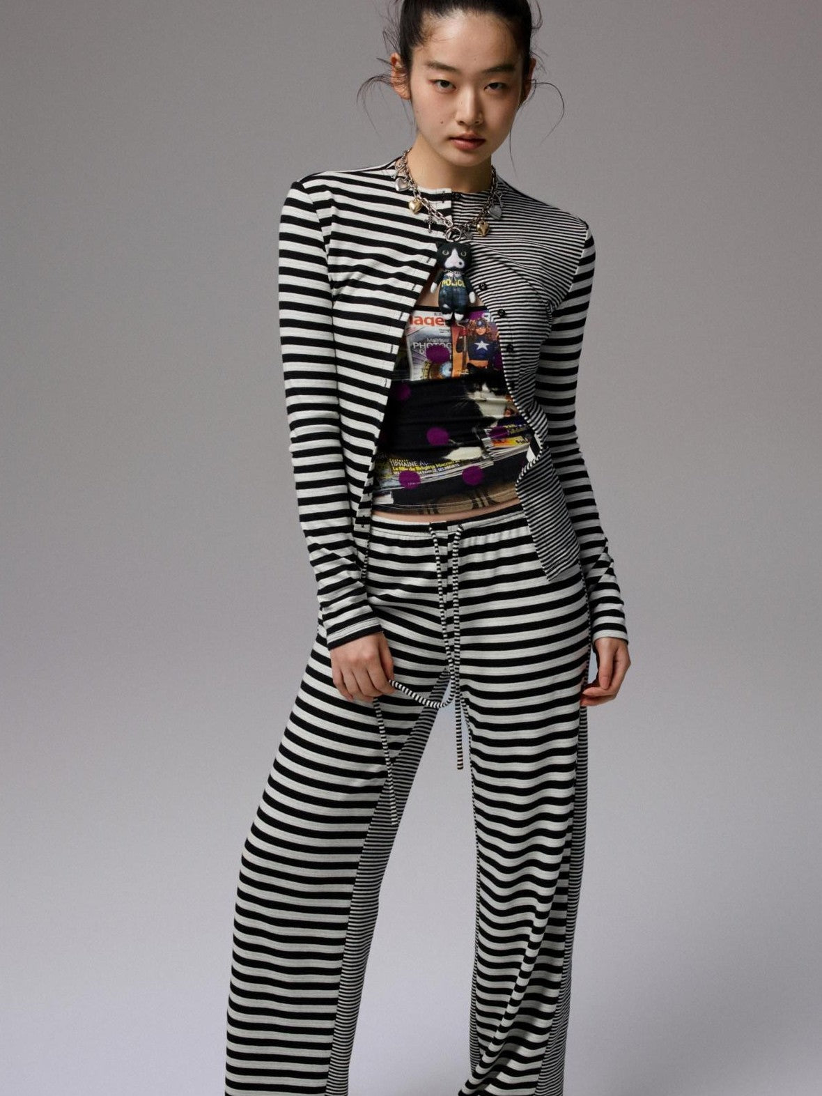 1JINN STUDIO Striped Patchwork Racerback Cardigan Straight Leg Women&