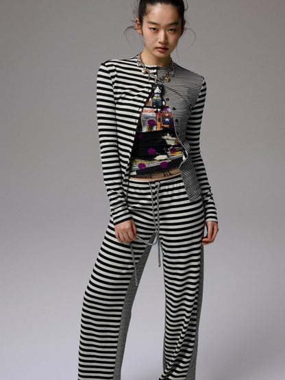 1JINN STUDIO Striped Patchwork Racerback Cardigan Straight Leg Women&