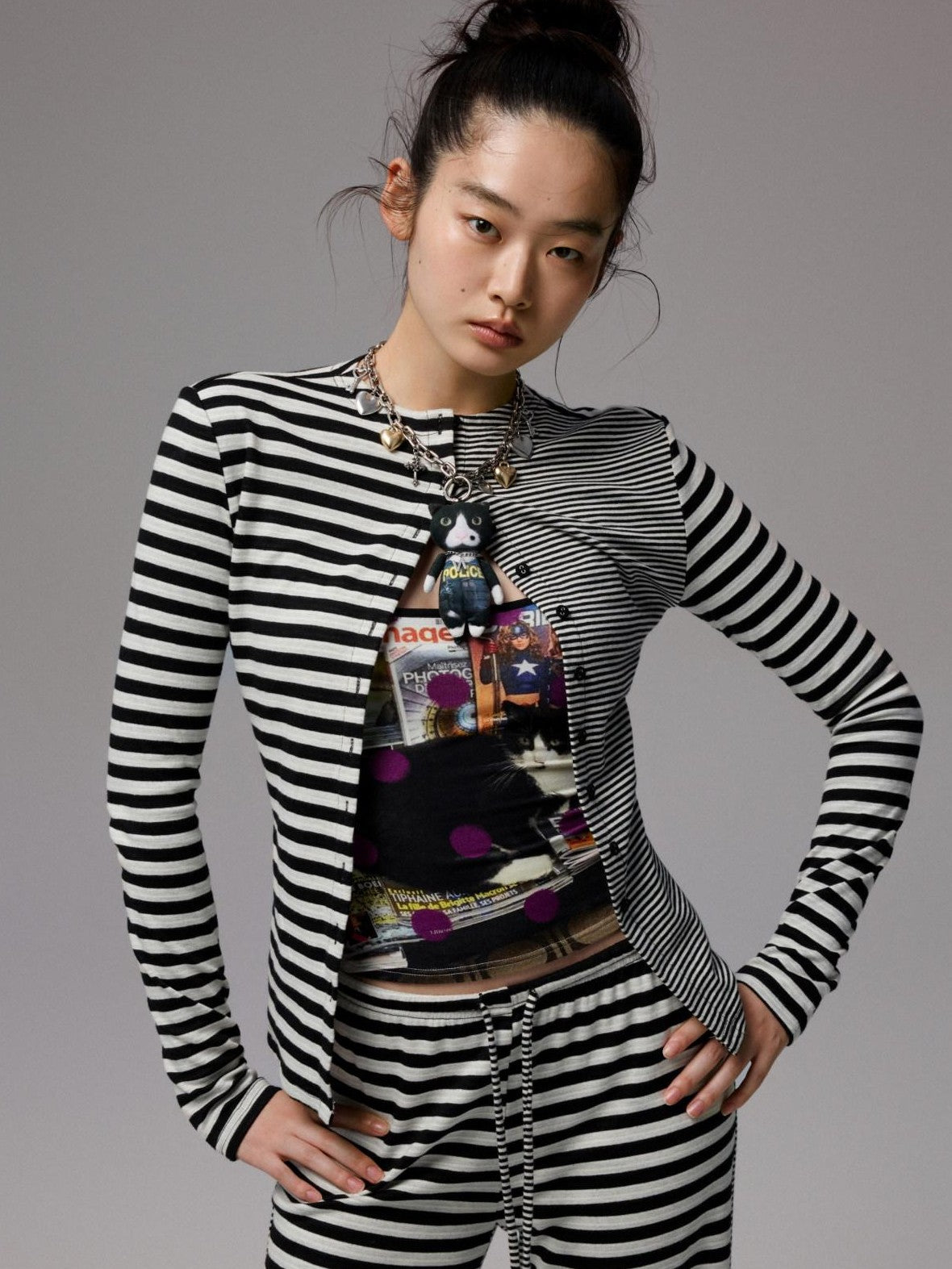 1JINN STUDIO Striped Patchwork Racerback Cardigan Straight Leg Women&