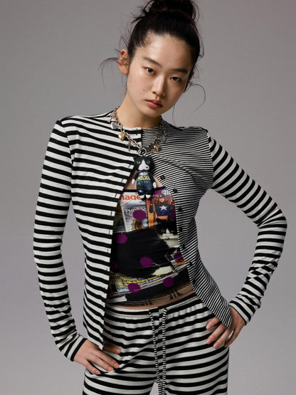1JINN STUDIO Striped Patchwork Racerback Cardigan Straight Leg Women&