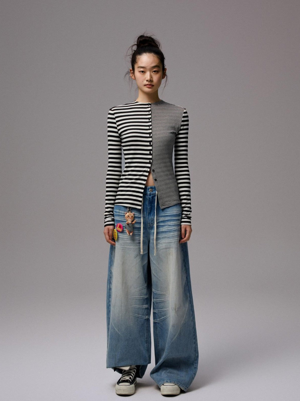 1JINN STUDIO Striped Patchwork Racerback Cardigan Straight Leg Women&