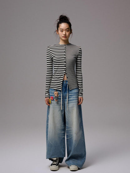 1JINN STUDIO Striped Patchwork Racerback Cardigan Straight Leg Women&