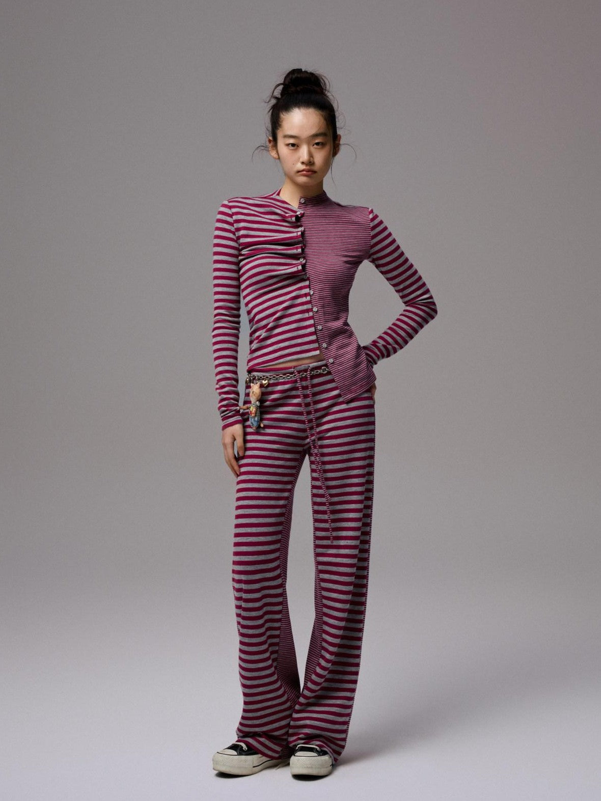 1JINN STUDIO Striped Patchwork Racerback Cardigan Straight Leg Women&