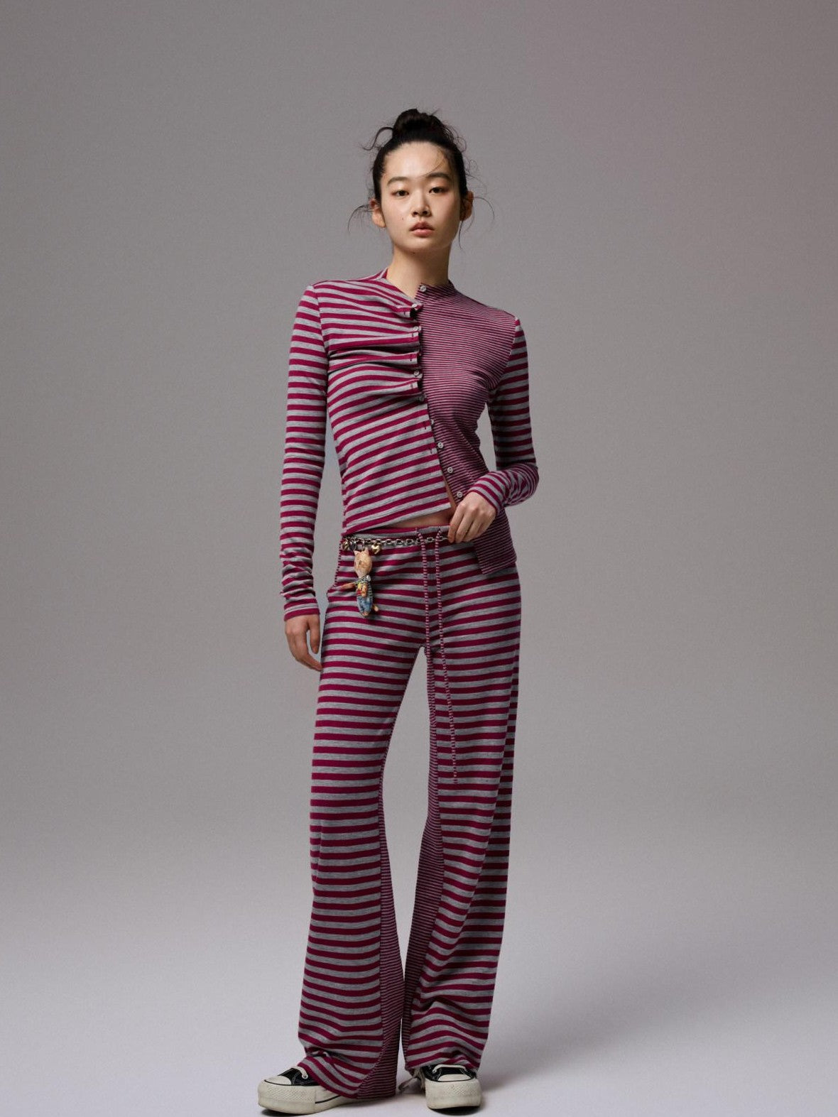 1JINN STUDIO Striped Patchwork Racerback Cardigan Straight Leg Women&