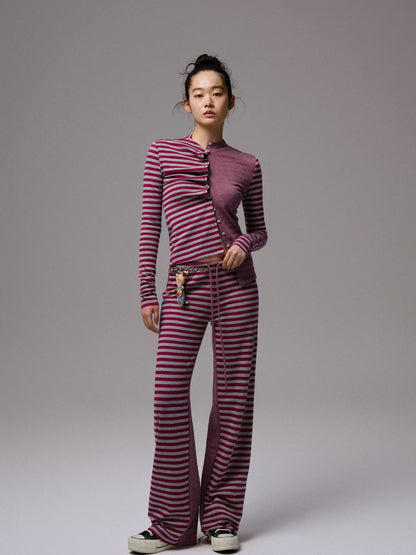 1JINN STUDIO Striped Patchwork Racerback Cardigan Straight Leg Women&