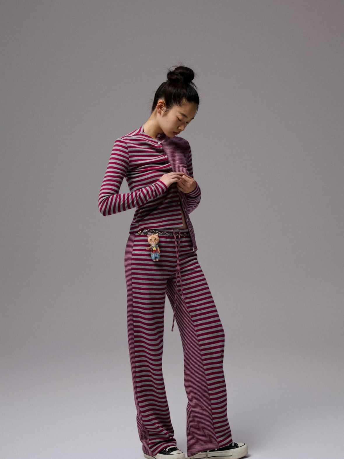 1JINN STUDIO Striped Patchwork Racerback Cardigan Straight Leg Women&