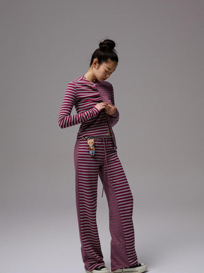 1JINN STUDIO Striped Patchwork Racerback Cardigan Straight Leg Women&