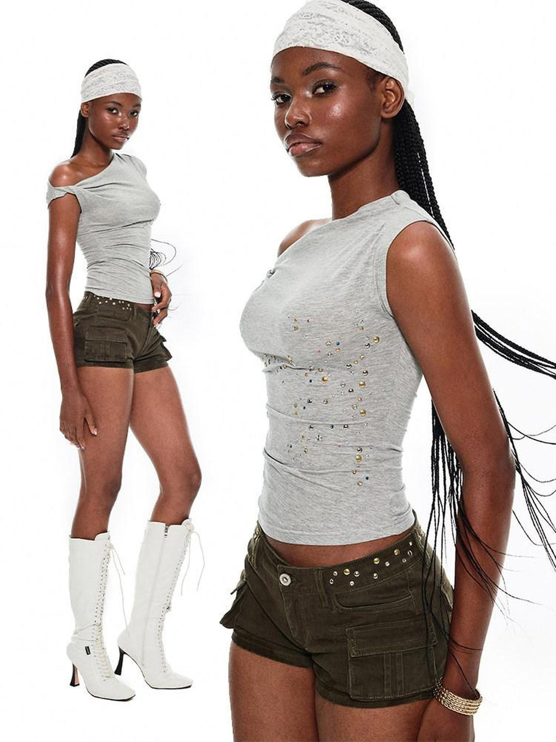 1JINN STUDIO Studded One Shoulder Asymmetrical Fitted Women&