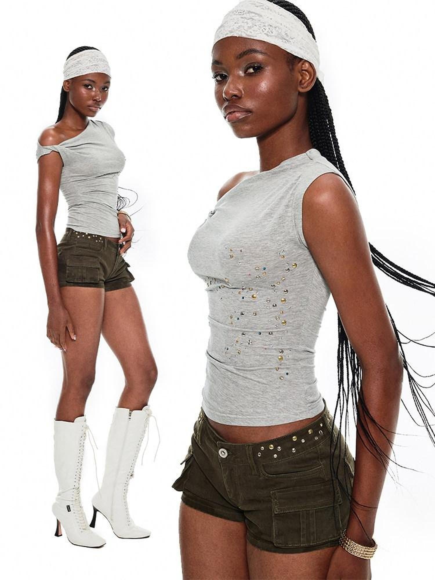 1JINN STUDIO Studded One Shoulder Asymmetrical Fitted Women&