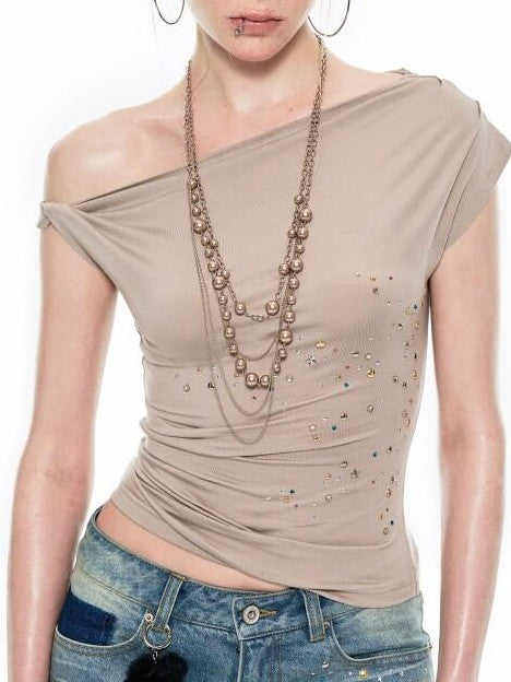 1JINN STUDIO Studded One Shoulder Asymmetrical Fitted Women&