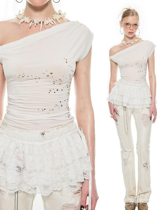 1JINN STUDIO Studded One Shoulder Asymmetrical Fitted Women&