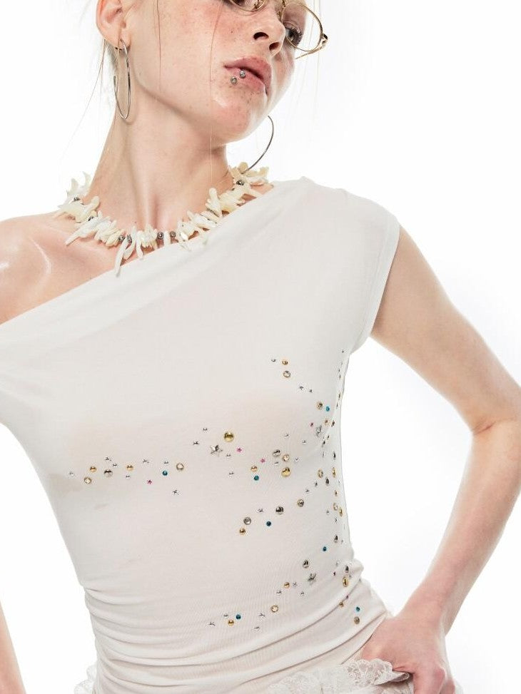 1JINN STUDIO Studded One Shoulder Asymmetrical Fitted Women&