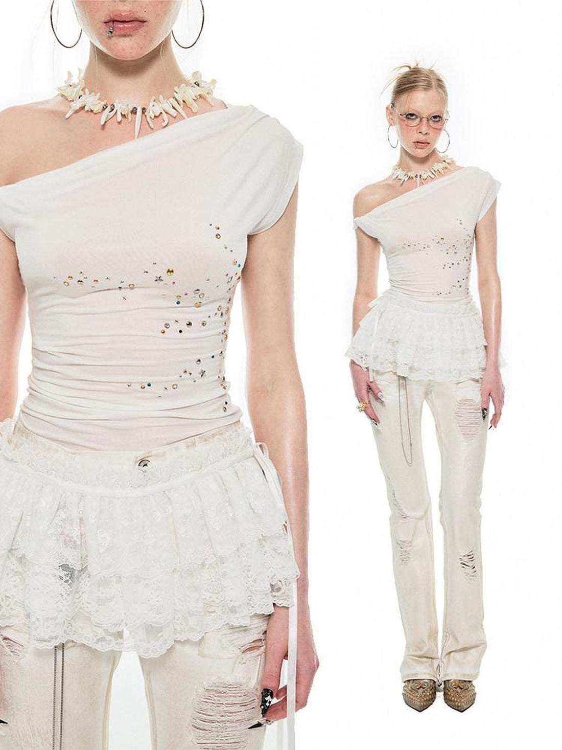 1JINN STUDIO Studded One Shoulder Asymmetrical Fitted Women&