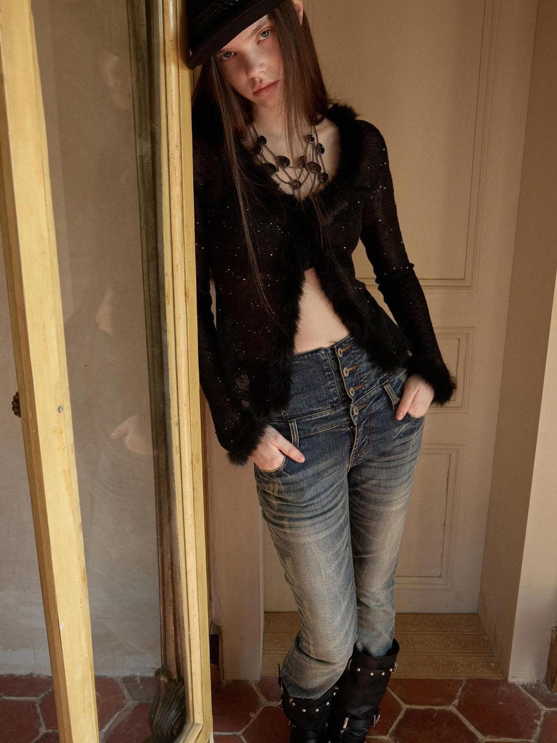 1JINN STUDIO V-neck Sequin Fuzzy Spliced Slim Fit Women&