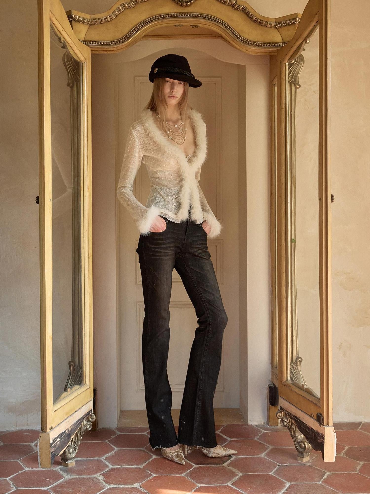 1JINN STUDIO V-neck Sequin Fuzzy Spliced Slim Fit Women&