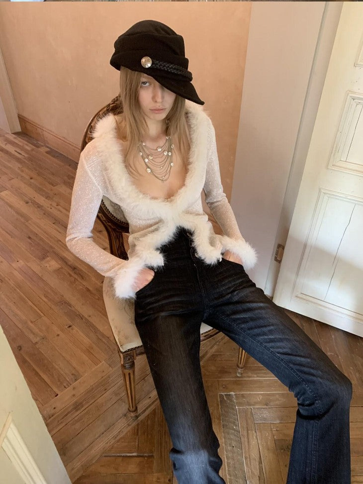 1JINN STUDIO V-neck Sequin Fuzzy Spliced Slim Fit Women&