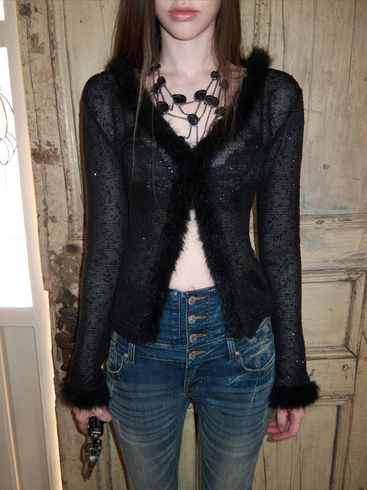 1JINN STUDIO V-neck Sequin Fuzzy Spliced Slim Fit Women&