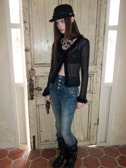 1JINN STUDIO V-neck Sequin Fuzzy Spliced Slim Fit Women&