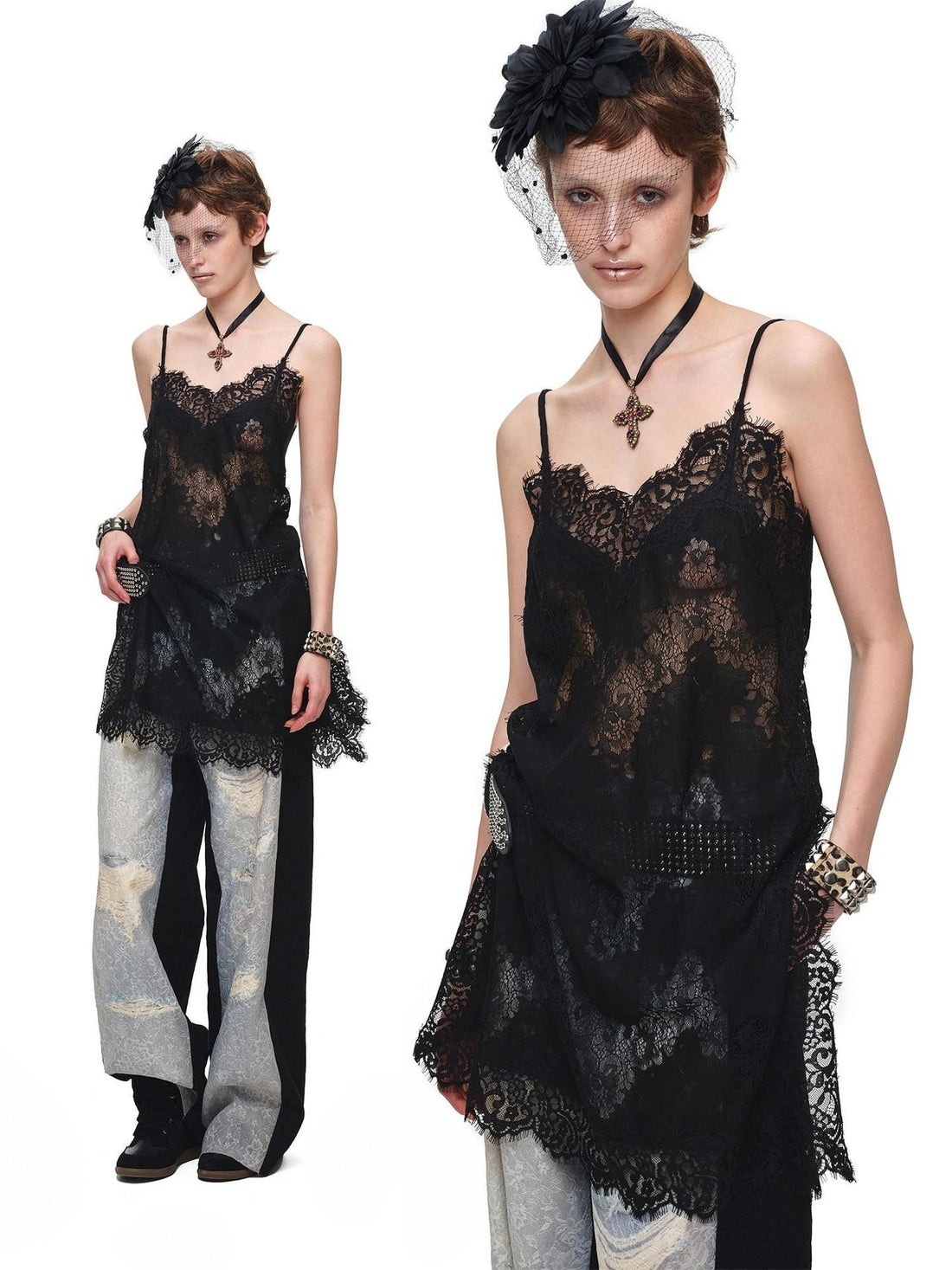 1JINN STUDIO V-neck Sheer Lace Straight Layerable Women&