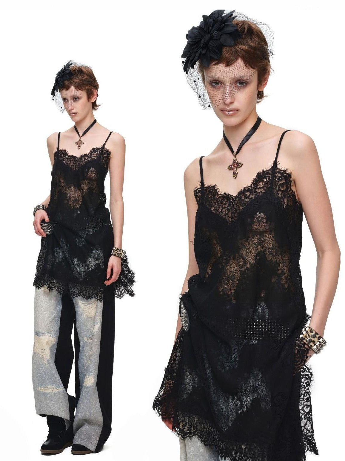 1JINN STUDIO V-neck Sheer Lace Straight Layerable Women&