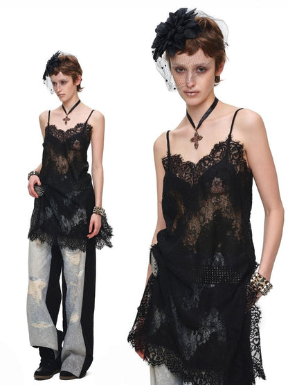 1JINN STUDIO V-neck Sheer Lace Straight Layerable Women&