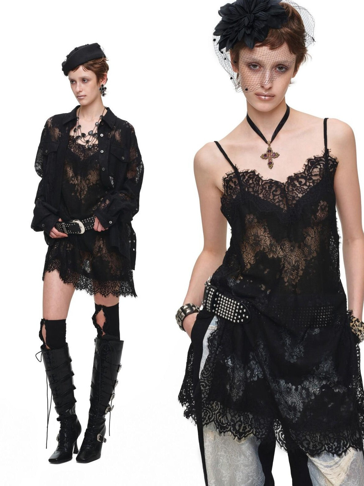1JINN STUDIO V-neck Sheer Lace Straight Layerable Women&