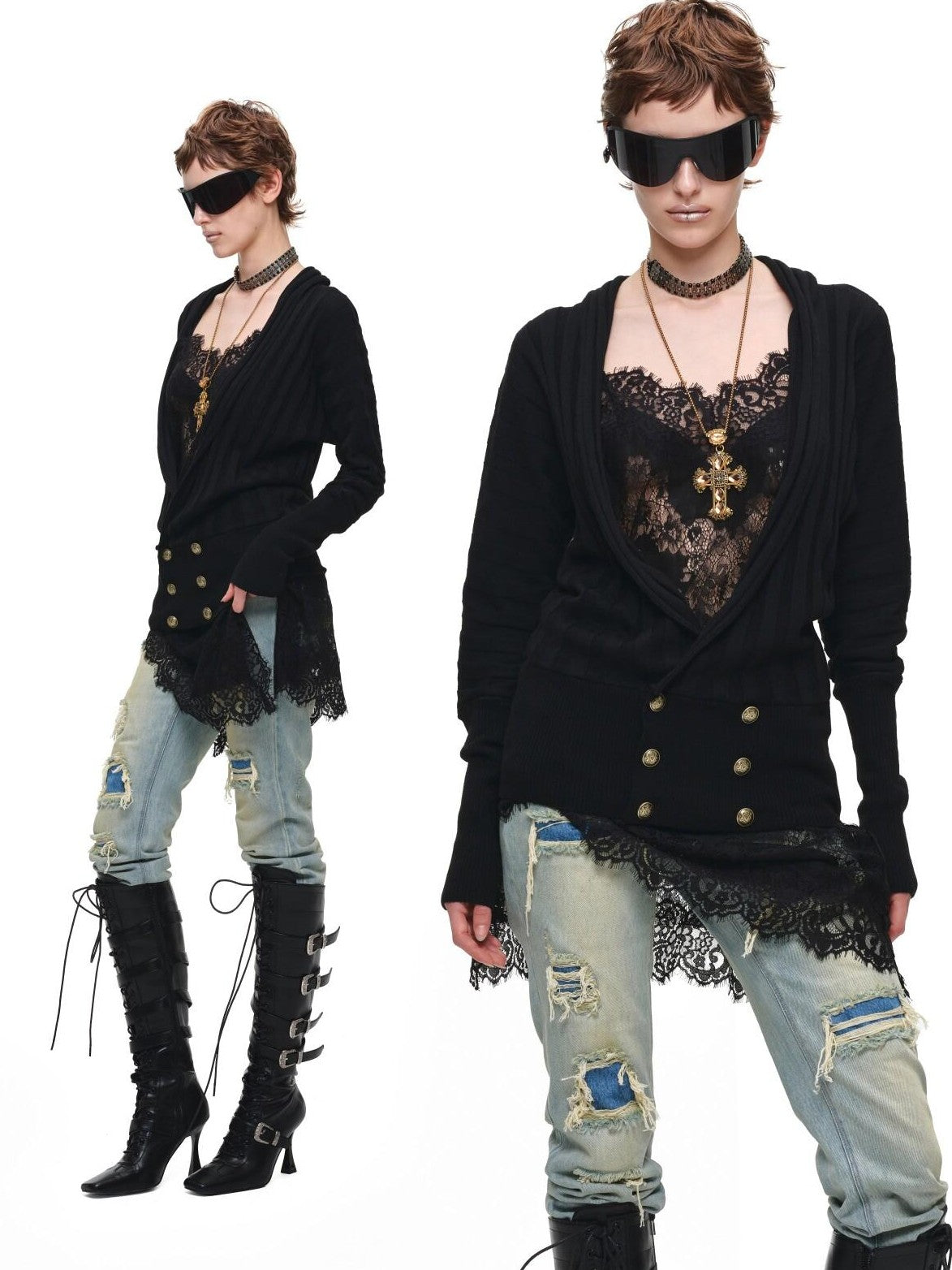 1JINN STUDIO V-neck Sheer Lace Straight Layerable Women&