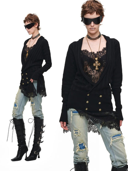 1JINN STUDIO V-neck Sheer Lace Straight Layerable Women&