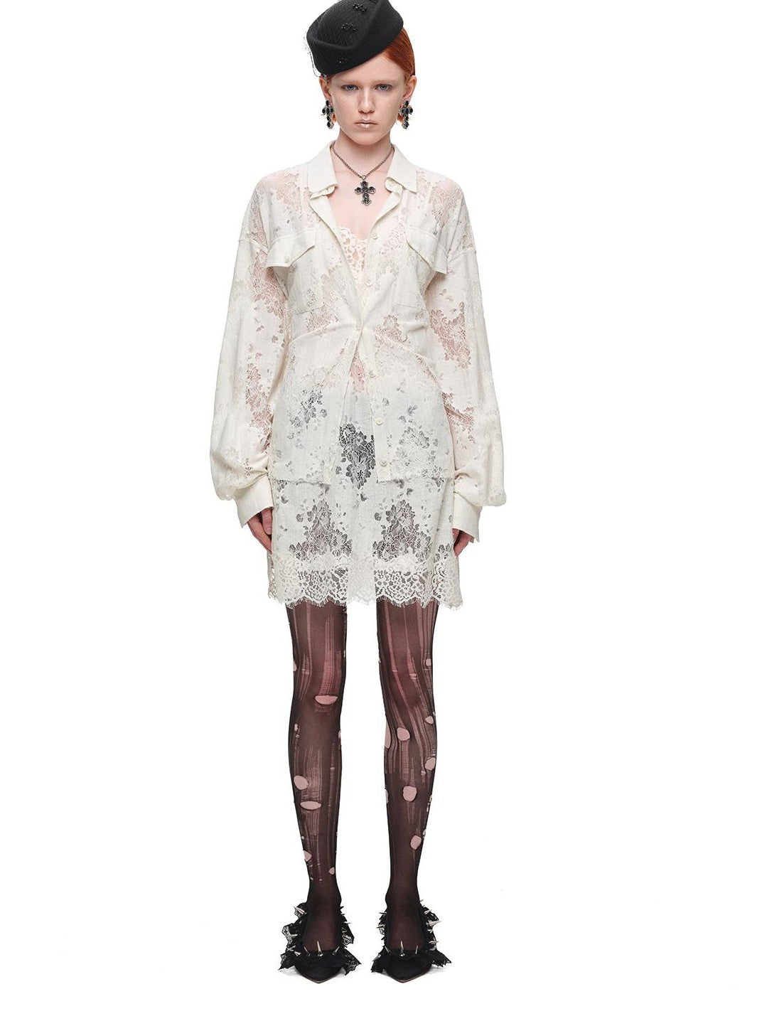 1JINN STUDIO V-neck Sheer Lace Straight Layerable Women&