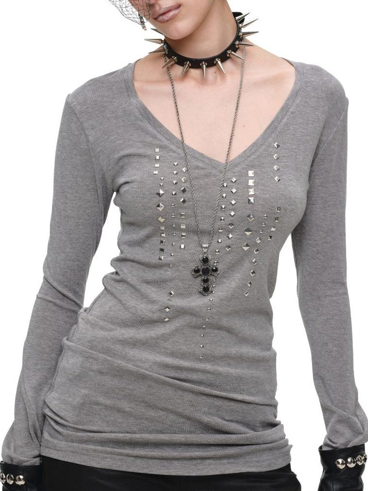 1JINN STUDIO V-neck Studded Rhinestone Slim Fit Lyocell Women&