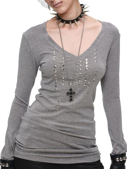 1JINN STUDIO V-neck Studded Rhinestone Slim Fit Lyocell Women&
