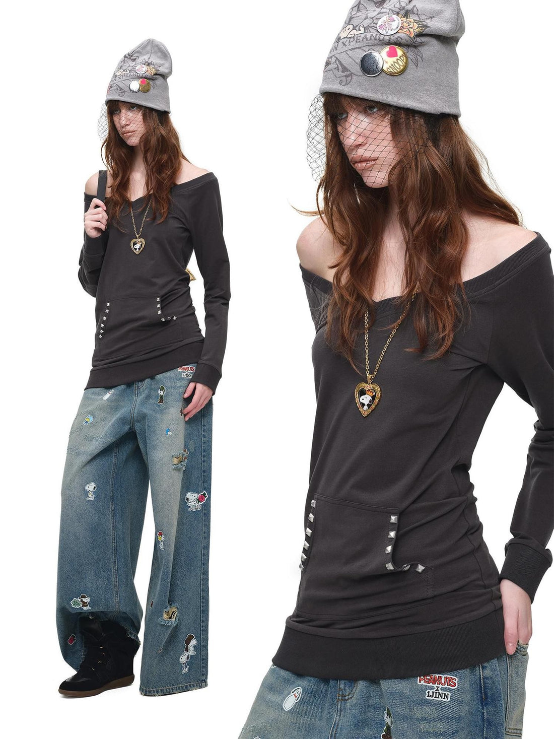 1JINN STUDIO V-neck Studded Solid Color Slim Fit Knit Women&