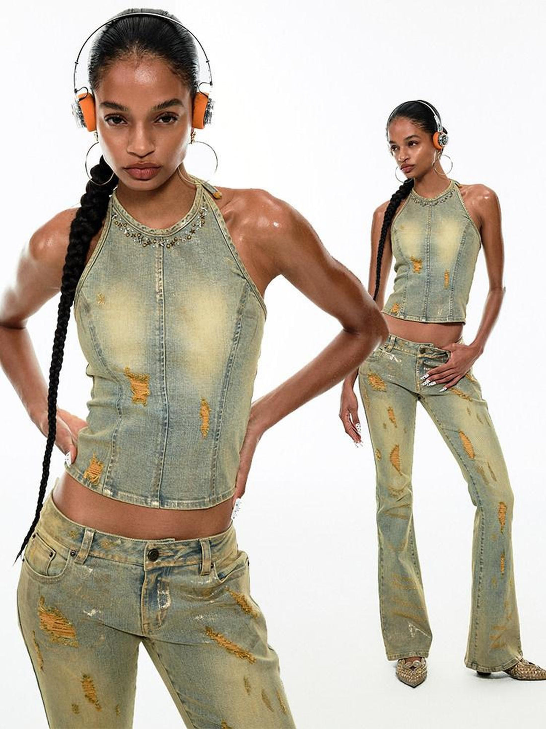 1JINN STUDIO Vintage Asymmetrical Gold Foil Crewneck Cropped Slim Fit Women&