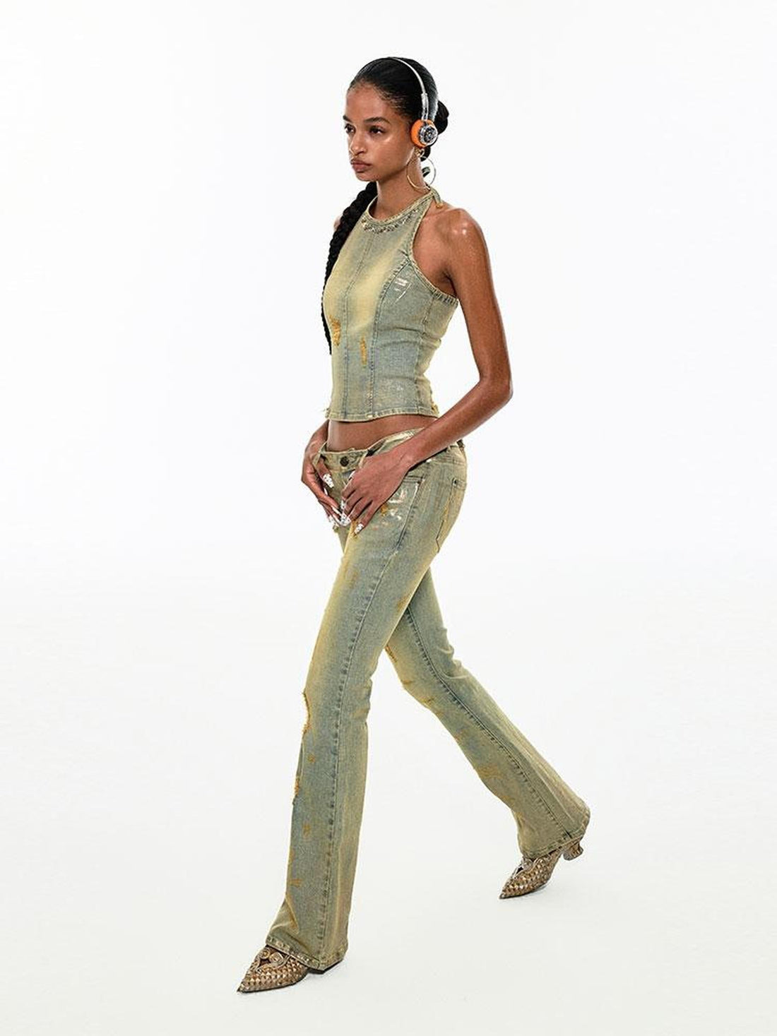 1JINN STUDIO Vintage Asymmetrical Gold Foil Crewneck Cropped Slim Fit Women&